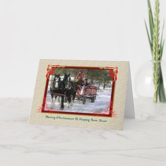 Cartão De Festividades Winter Sleigh Ride, Merry Christmas, Happy New Yea (Frente)