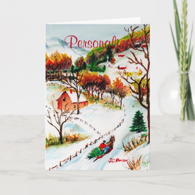 Cartão De Festividades Winter Sleigh Ride Mountain Christmas Watercolor (Frente)
