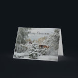 Cartão De Festividades Winter Snow in Utah Christmas Card<br><div class="desc">A stunning snow scene on Little Utah Farm. Flocked Pine and Rabbit Bush,  log fence,  red barn and a llama peeking out of his shelter. Card has` Merry Christmas` on the front. customize features available.</div>
