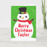 Cartão De Festividades Winter Snowman Bright Green Feliz Natal Holida<br><div class="desc">Adorável boneco de neve de Natal de inverno em um chapéu com holly e um cachecol vermelho. O fundo consiste em queda de flocos de neve em verde-claro. Gráficos por PrettyGrafik</div>
