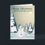 Cartão De Festividades Winter Snowman Merry Christmas 2<br><div class="desc">Soft snowfall and twinkling stars with smiling snowman in scarf and top hat! Custom greeting card with snow covered trees and Christmas in the air! Merry Christmas From Our Family to Yours text that can be edited! Add your own text or photograph! Remove or add images and text! Mail out...</div>