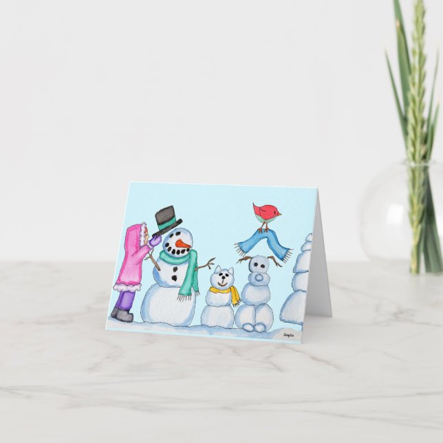Cartão De Festividades Winter - Snowman, Snowcat, Snowdog, and Girl (Frente)