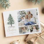 Cartão De Festividades Winter Watercolor Pine Christmas 3 Photo<br><div class="desc">Este elegante cartão clássico de 3 fotos de feriado apresenta uma árvore de Natal de pinheiro de aquarela decorada com estrelas douradas e aspersores. No verso está um padrão de floresta de inverno a aquarela.</div>
