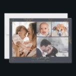 Cartão De Festividades Winter Wonderland Dourada CharCoal Family 4 Fotos<br><div class="desc">Um simples, minimalista, elegante design, com flocos de neve desenhados à mão, em aquarela, com capas de folha de ouro (simuladas), sobre um simples fundo preto. Personalize este cartão de Natal da família de quatro fotos com suas próprias fotos e mude a mensagem no verso.</div>