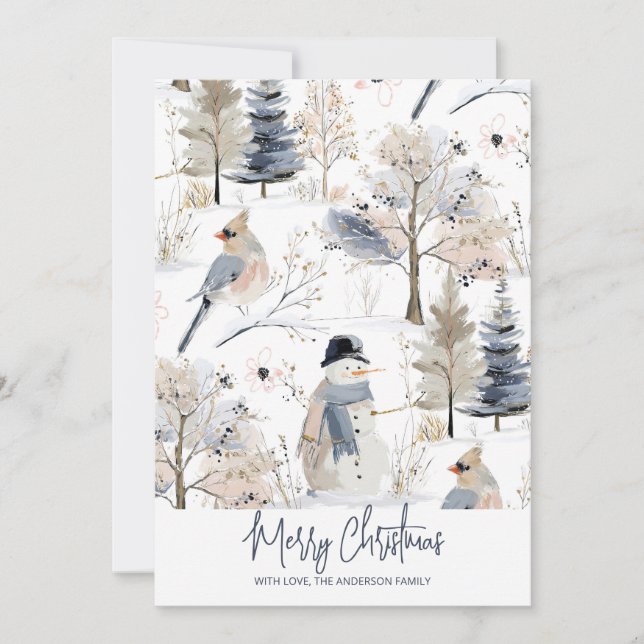 Cartão De Festividades Winter Wonderland Snowman e Bird Pattern (Frente)