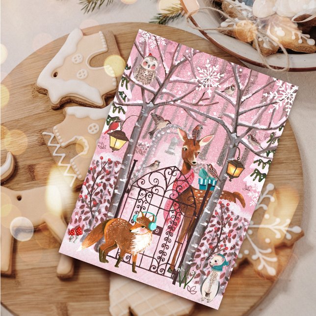 Cartão De Festividades Winter Woodland | Holiday | Greetings Cards (Cute Winter Woodland Pink Christmas Holiday Card)