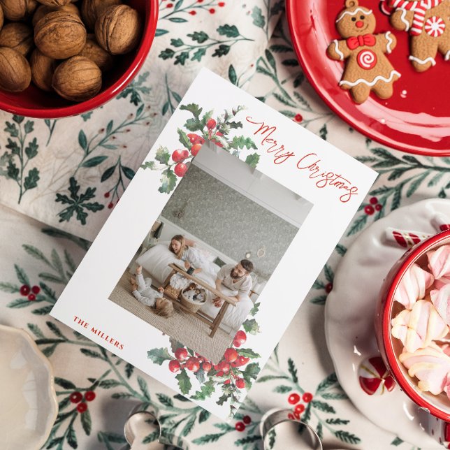 Cartão De Festividades Winterberry Holly | Feliz Natal | Foto da família (Criador carregado)