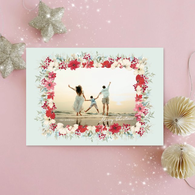 Cartão De Festividades wintry poinsettia christmas botanical photo frame (Criador carregado)