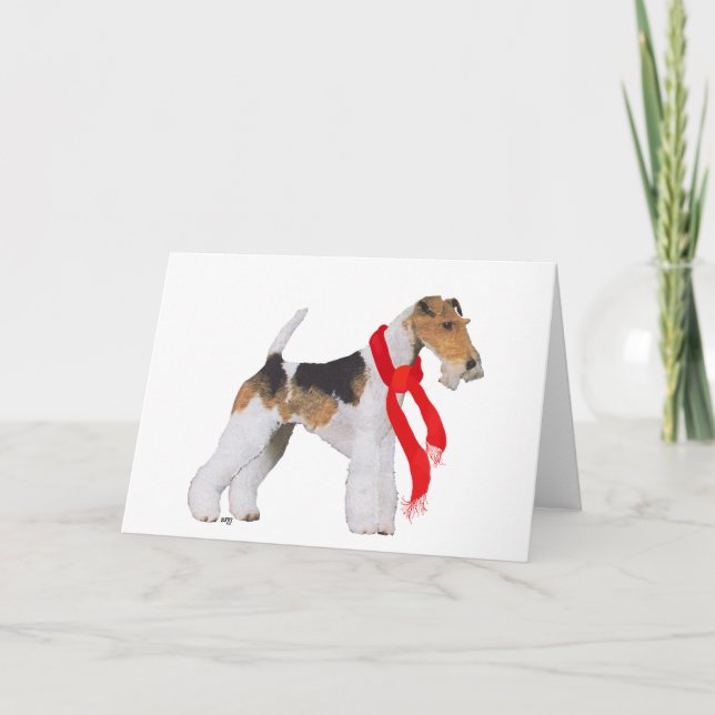 Cartão De Festividades Wire Fox Terrier com um Cachecol (Frente)