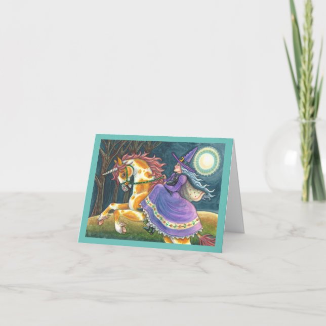 Cartão De Festividades WITCH & HALLOWEEN UNICORN, BLACK CAT Fantasy Horse (Frente)