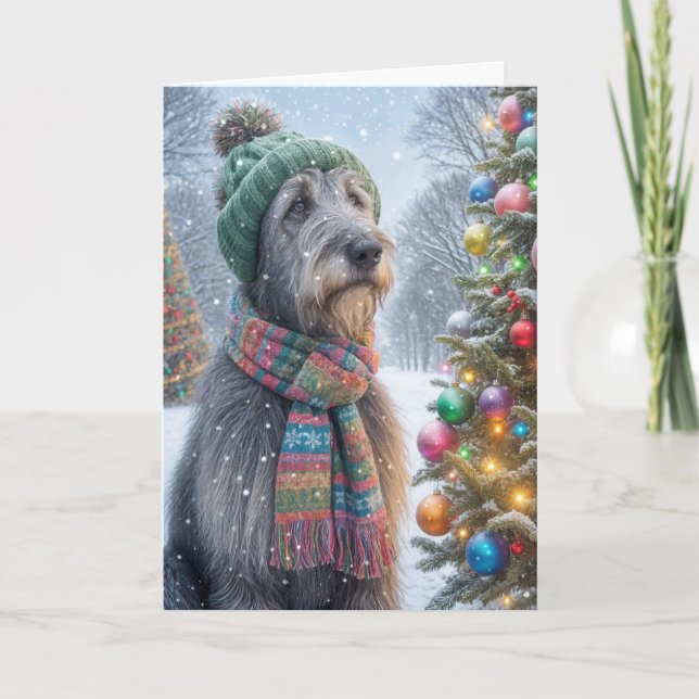 Cartão De Festividades Wolfhound Irlandês Natal Com Árvore (Frente)