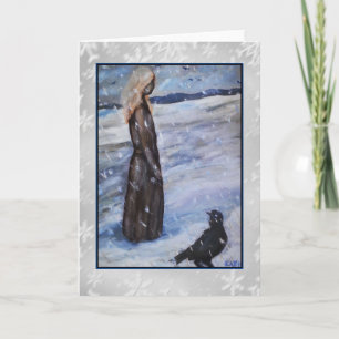 Cartão De Festividades Woman in Snow with Crow Art Card