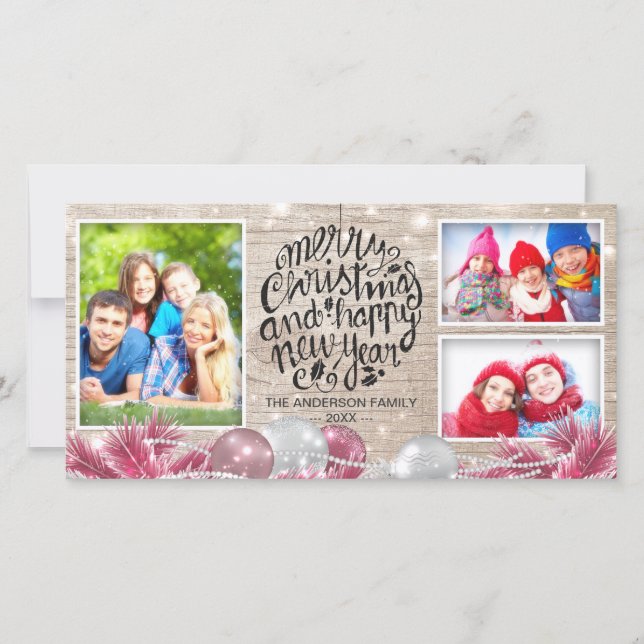 Cartão De Festividades Wood Felry Christmas Feliz ano novo Saudação Foto (Frente)