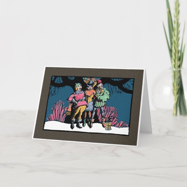 Cartão De Festividades Woodblock-Style Medieval Carolers (Frente)