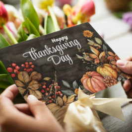 Cartão De Festividades Wooden Fall Pumpkins e Sai Feliz Ação de Graças