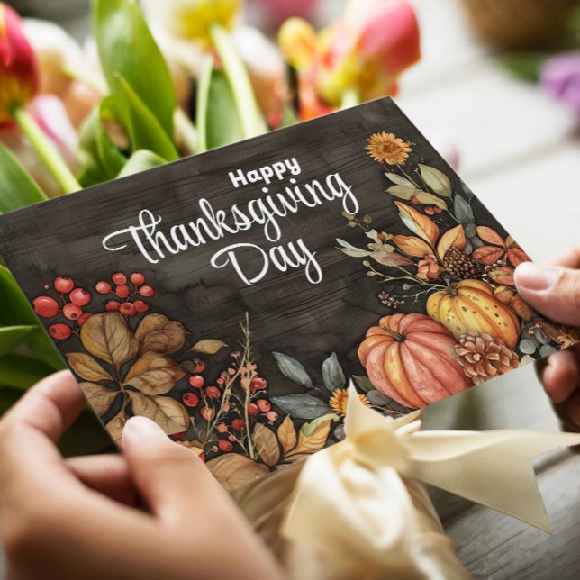 Cartão De Festividades Wooden Fall Pumpkins e Sai Feliz Ação de Graças (Criador carregado)