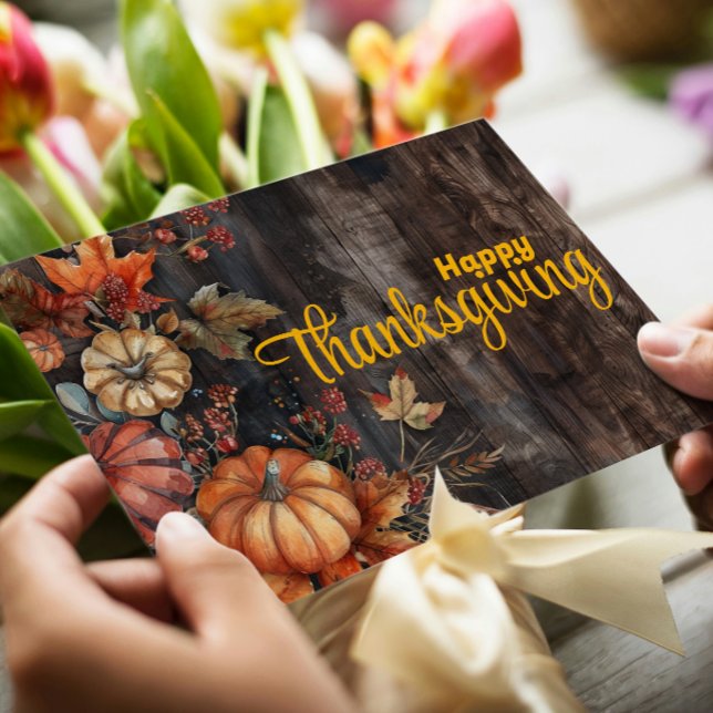 Cartão De Festividades Wooden Pumpkins e Sai Felizes Ação de Graças (Criador carregado)