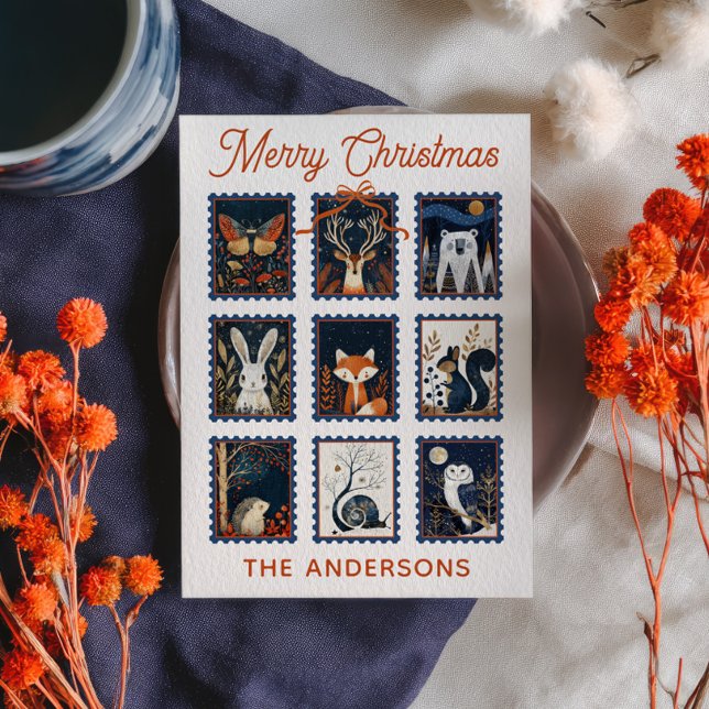 Cartão De Festividades Woodland Animal Stamps Collage Merry Christmas  (Criador carregado)