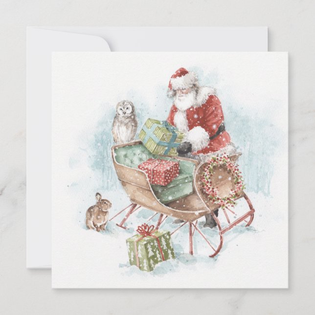 Cartão De Festividades Woodland Animals with Santa Claus and His Sleigh (Frente)