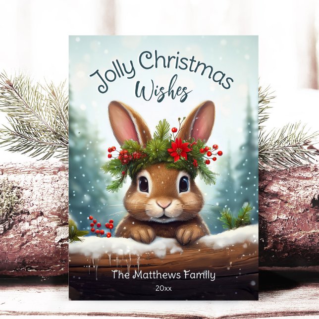 Cartão De Festividades Woodland Bunny Rabbit Jolly Christmas Snowy Pines (Adorable Winter Snowy Scene With Peeking Dogs or Farm/Woodland Animals - Over 50 to Choose From!)