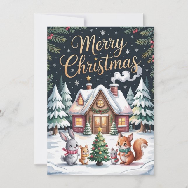 Cartão De Festividades Woodland Christmas Cabin Card (Frente)