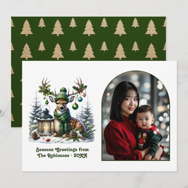 Cartão De Festividades Woodland Deer Rustic Christmas Forest Animal Photo (Frente/Verso)