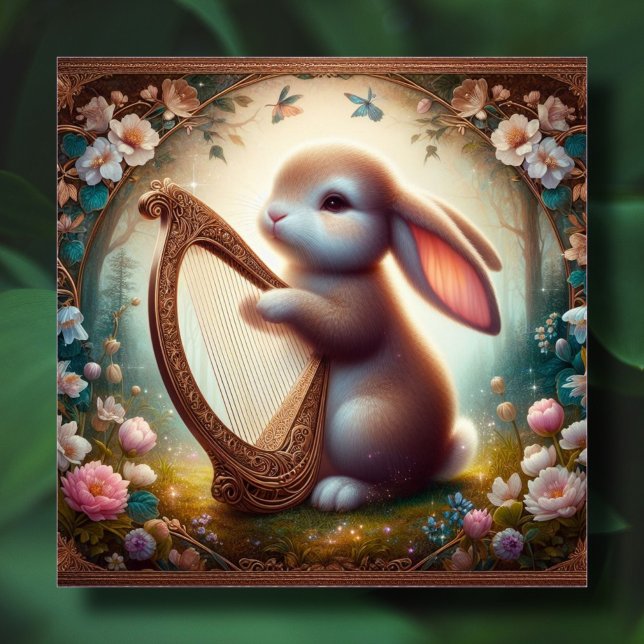 Cartão De Festividades Woodland Fantasy Bunny Flowers Harp Páscoa (Criador carregado)