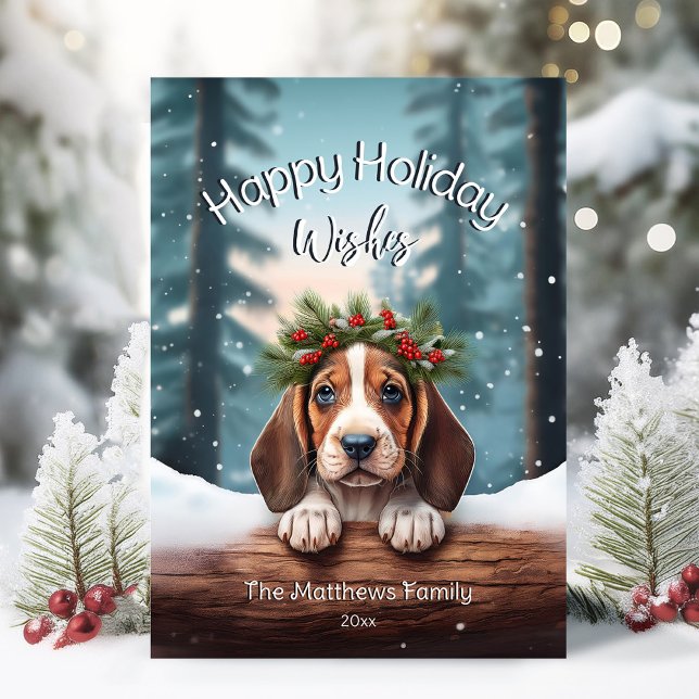 Cartão De Festividades Woodland Feliz Natal Deseja O Basset Hound Puppy (Adorable Winter Snowy Scene With Peeking Dogs or Farm/Woodland Animals - Over 50 to Choose From!)