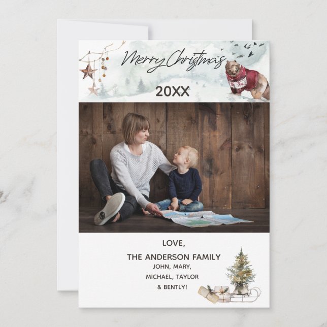 Cartão De Festividades Woodland Forest Bear com Foto Feliz Natal (Frente)