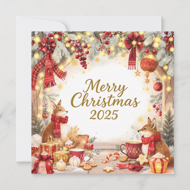 Cartão De Festividades Woodland Foxes Custom Photo Christmas Card  (Frente)
