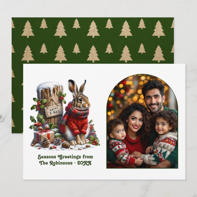 Cartão De Festividades Woodland Hare Rustic Forest Cozy Christmas Photo (Frente/Verso)