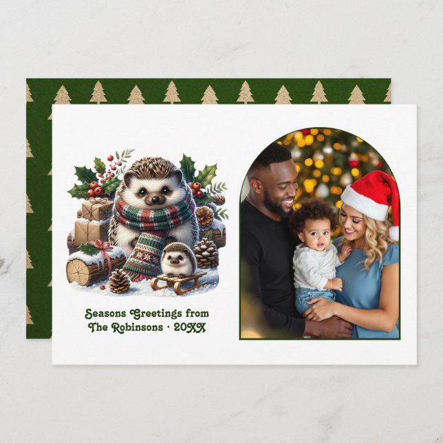 Cartão De Festividades Woodland Hedgehog Family Cozy Forest Christmas (Frente/Verso)