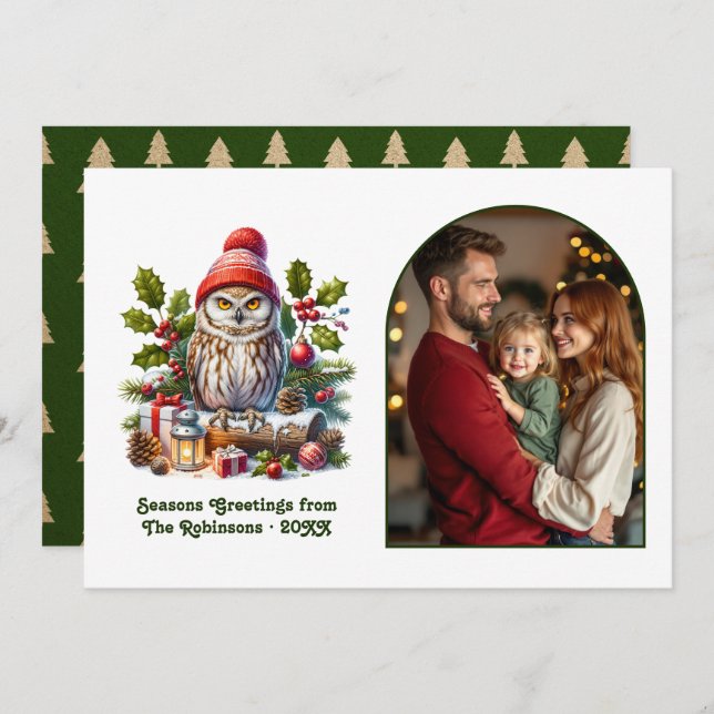 Cartão De Festividades Woodland Owl Cozy Forest Christmas Magic Photo (Frente/Verso)