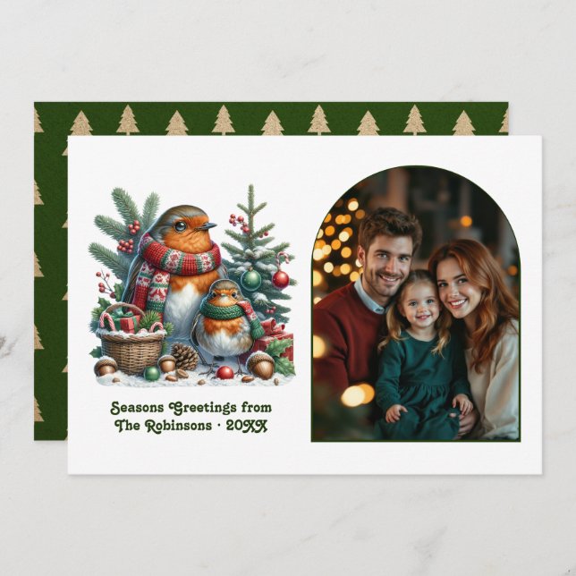 Cartão De Festividades Woodland Robin Family Cozy Forest Christmas Photo (Frente/Verso)