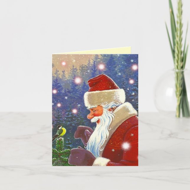 Cartão De Festividades Woodland Santa & Chickadee Christmas Holiday Card (Frente)