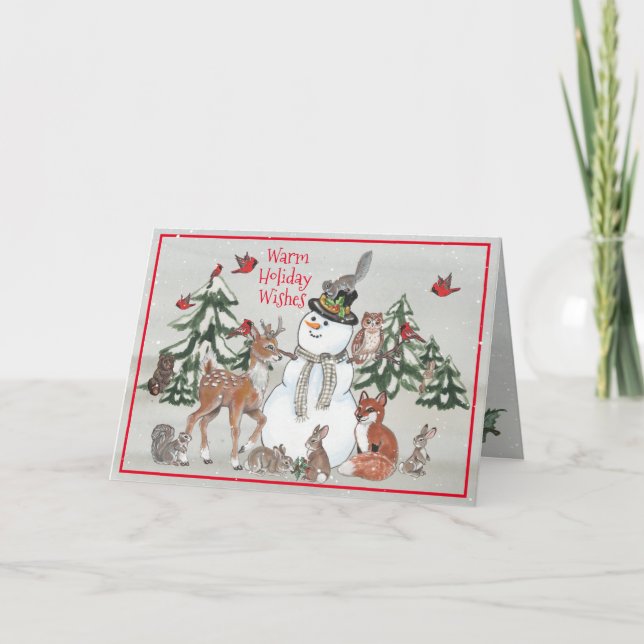 Cartão De Festividades Woodland Snowman Deer Fox Christmas Wishes Gray (Frente)