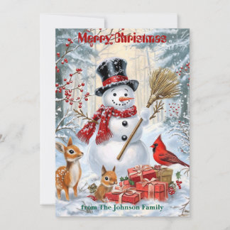 Cartão De Festividades Woodland Snowman | Natal da família personalizada