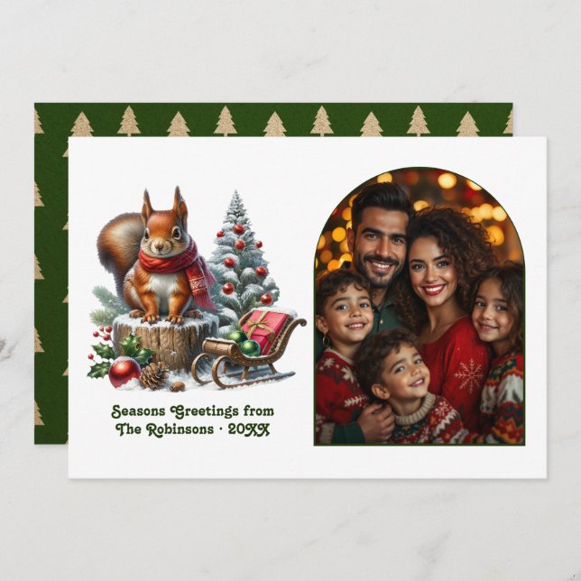 Cartão De Festividades Woodland Squirrel Festive Forest Christmas Photo (Frente/Verso)