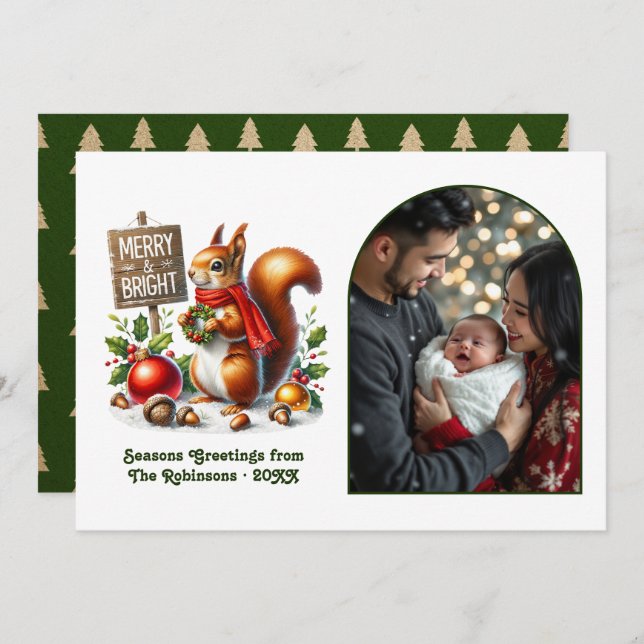 Cartão De Festividades Woodland Squirrel Merry and Bright Forest Photo (Frente/Verso)