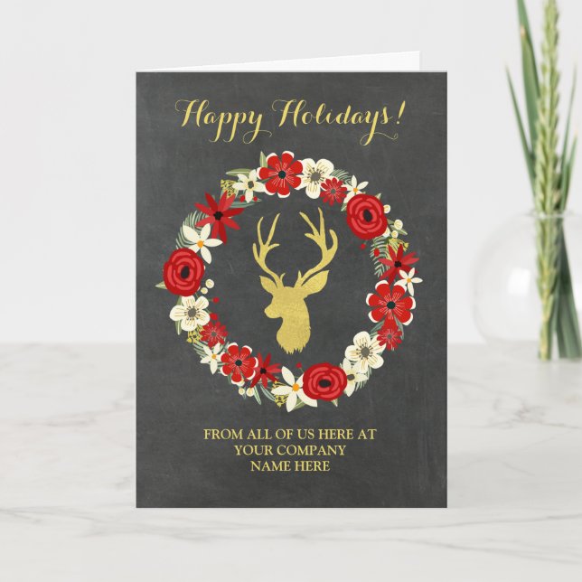 Cartão De Festividades Wreath Chalkboard Gold Deer Corporate Christmas (Frente)
