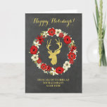 Cartão De Festividades Wreath Chalkboard Gold Deer Corporate Christmas<br><div class="desc">Happy Holidays Christmas business greeting card for clients and staff in rustic chalkboard pattern with red and white vintage floral wreath and gold deer,  wish your customers and employees well this holiday season with this fun greeting card.</div>