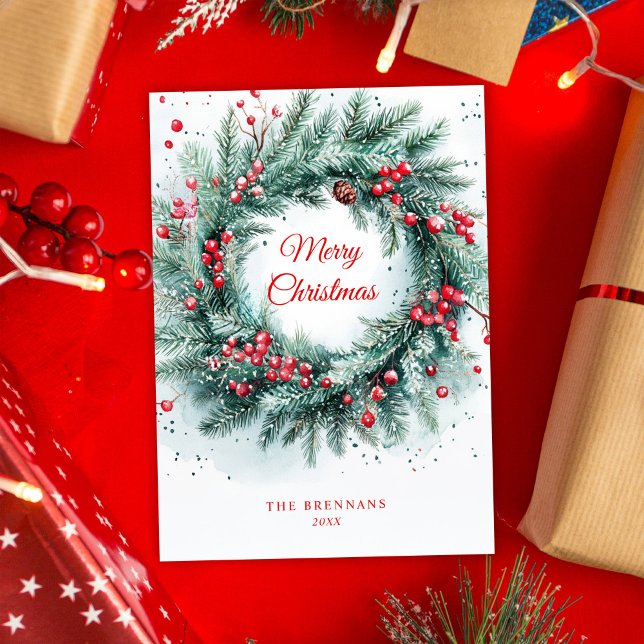 Cartão De Festividades Wreath de Natal Elegante Botânico Verde (Christmas Wreath Greenery Botanical Elegant Holiday Card)