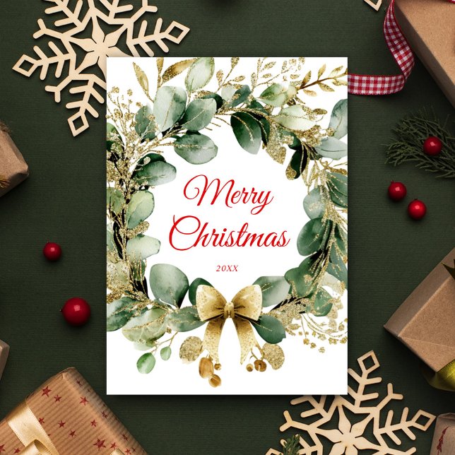 Cartão De Festividades Wreath de Natal Eucalyptus Greenery Elegante (Christmas Wreath Eucalyptus Greenery Elegant Holiday Card)