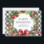 Cartão De Festividades Wreath Holly Berries Black Xadrez Business<br><div class="desc">Cartão de férias de xadrez de búfalo preto e branco, com uma camada aquosa de galhos, sagrados, bagas, ornamentos e cones de pinheiro contra um fundo xadrez preto e branco, enfeitado com estrelas. Personalize facilmente este elegante cartão de feriado comercial com o nome e o texto da sua empresa.</div>