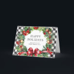 Cartão De Festividades Wreath Holly Berries Black Xadrez Business<br><div class="desc">Cartão de férias de xadrez de búfalo preto e branco, com uma faixa de aquarela de ramos, holly, bagas, ornamentos e cones em fundo de xadrez de búfalo preto e branco, enfeitado com estrelas. Personalize facilmente este elegante cartão de feriado comercial com o nome e o texto da sua empresa....</div>