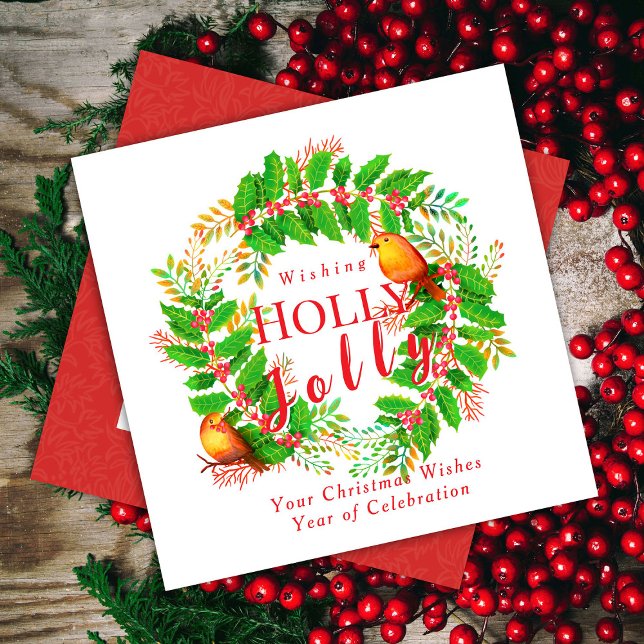 Cartão De Festividades Wreath Holly Jolly Family White (Wreath Holly Jolly with Robin Birds Design.)