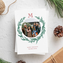 Cartão De Festividades Wreath Monogram Photo Holiday Card