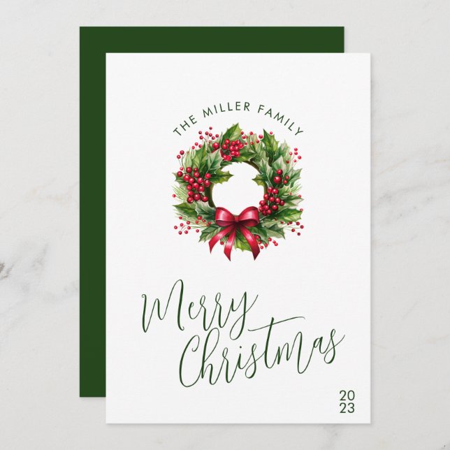 Cartão De Festividades Wreath Verde e Aquarela de Natal (Frente/Verso)