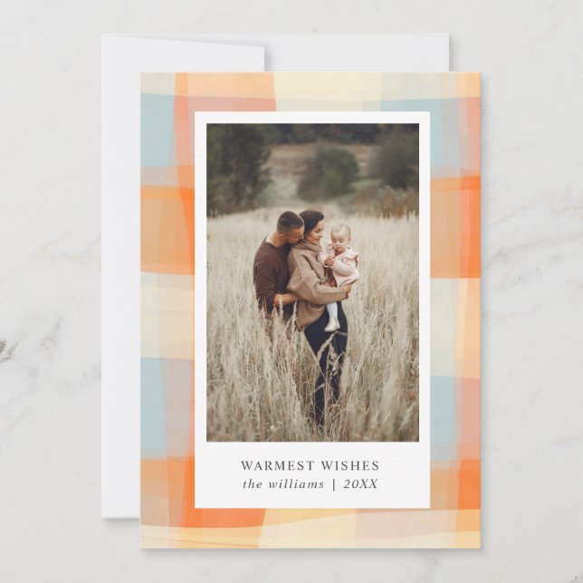 Cartão De Festividades Xadrez Aquarela | Laranja Creme Azul Claro foto (Frente)