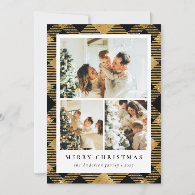 Cartão De Festividades Xadrez clássica e colagem fotográfica Natal Dourad (Frente)